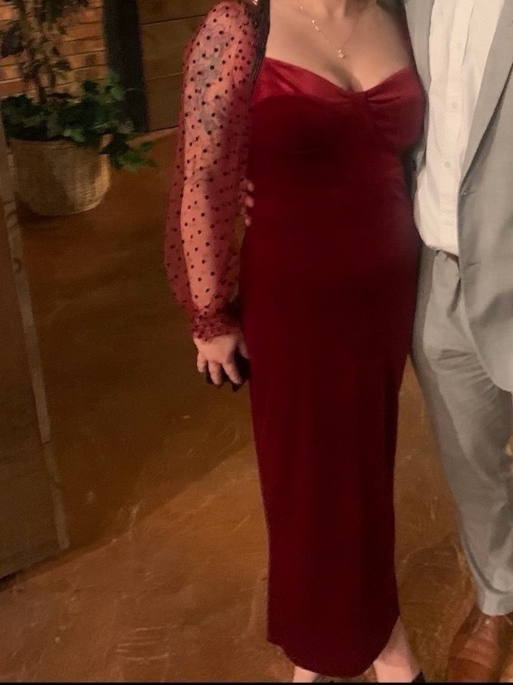 Women's Velvet midi Dress with Polka Dot Sheer Sleeves - Burgundy